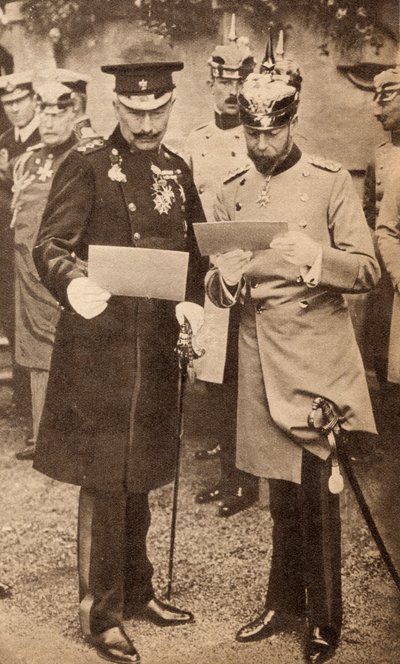 King George V and Kaiser Wilhelm II discussing operation orders in Germany in 1913, illustration from 